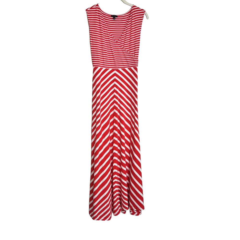 Talbots Womens Maxi Dress XS Orange-Red Mixed Stripes Sleeveless Surplice Bodice
